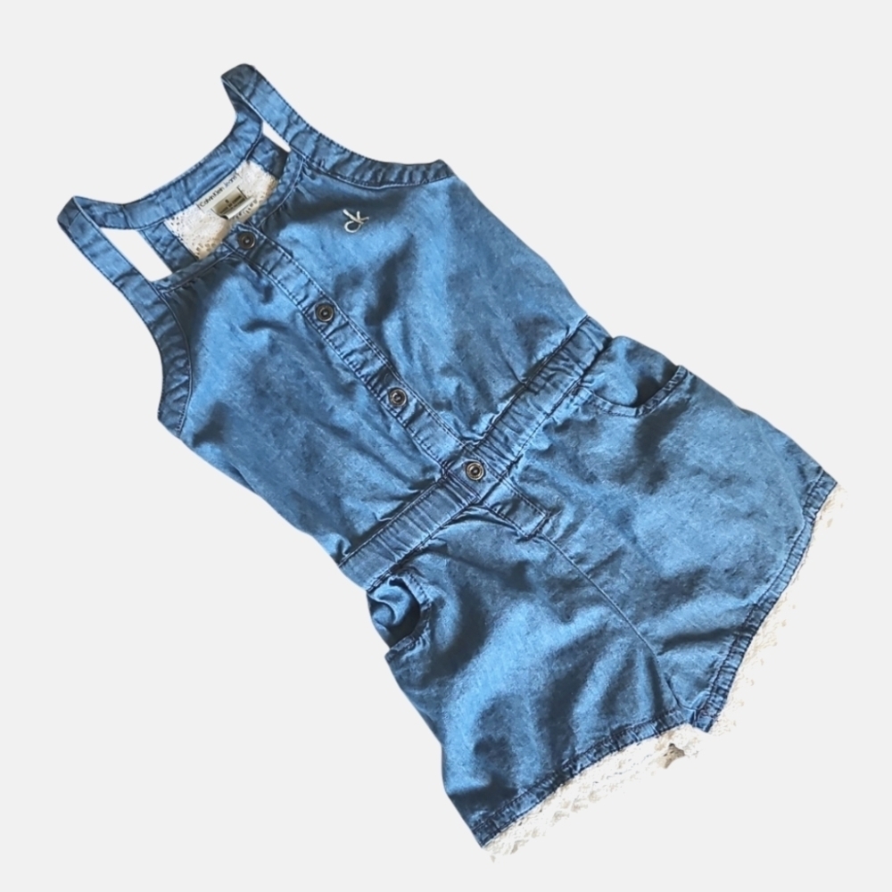 Calvin Klein Jeans Girls Blue Denim Romper with Lace Detail Size 5 Sleeveless